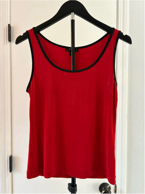 Vintage BCBG Max Azria Red Slinky Knit Tank Top Black Trim Size L USA Made